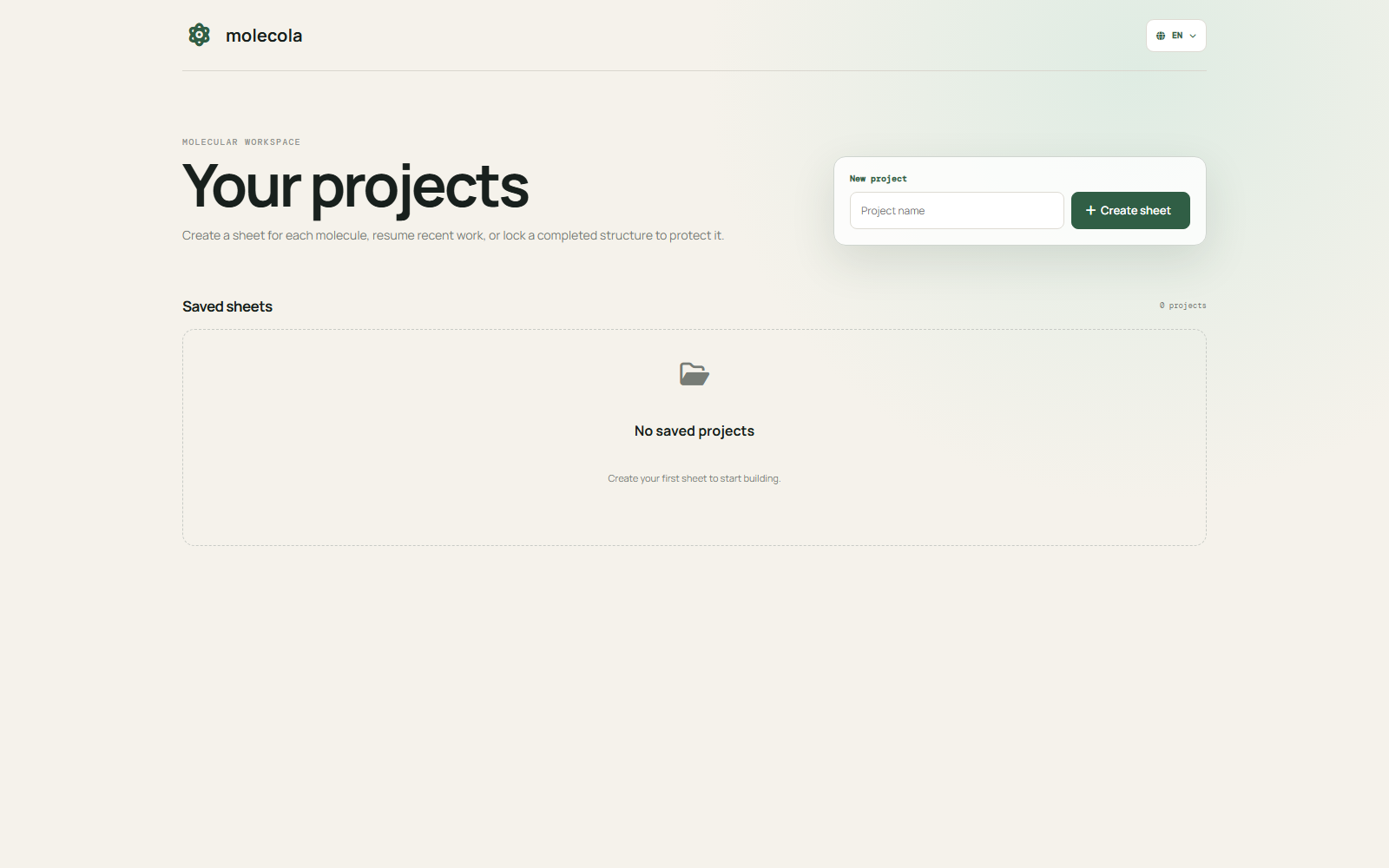 Dashboard di ChemHub con creazione e archivio dei progetti molecolari