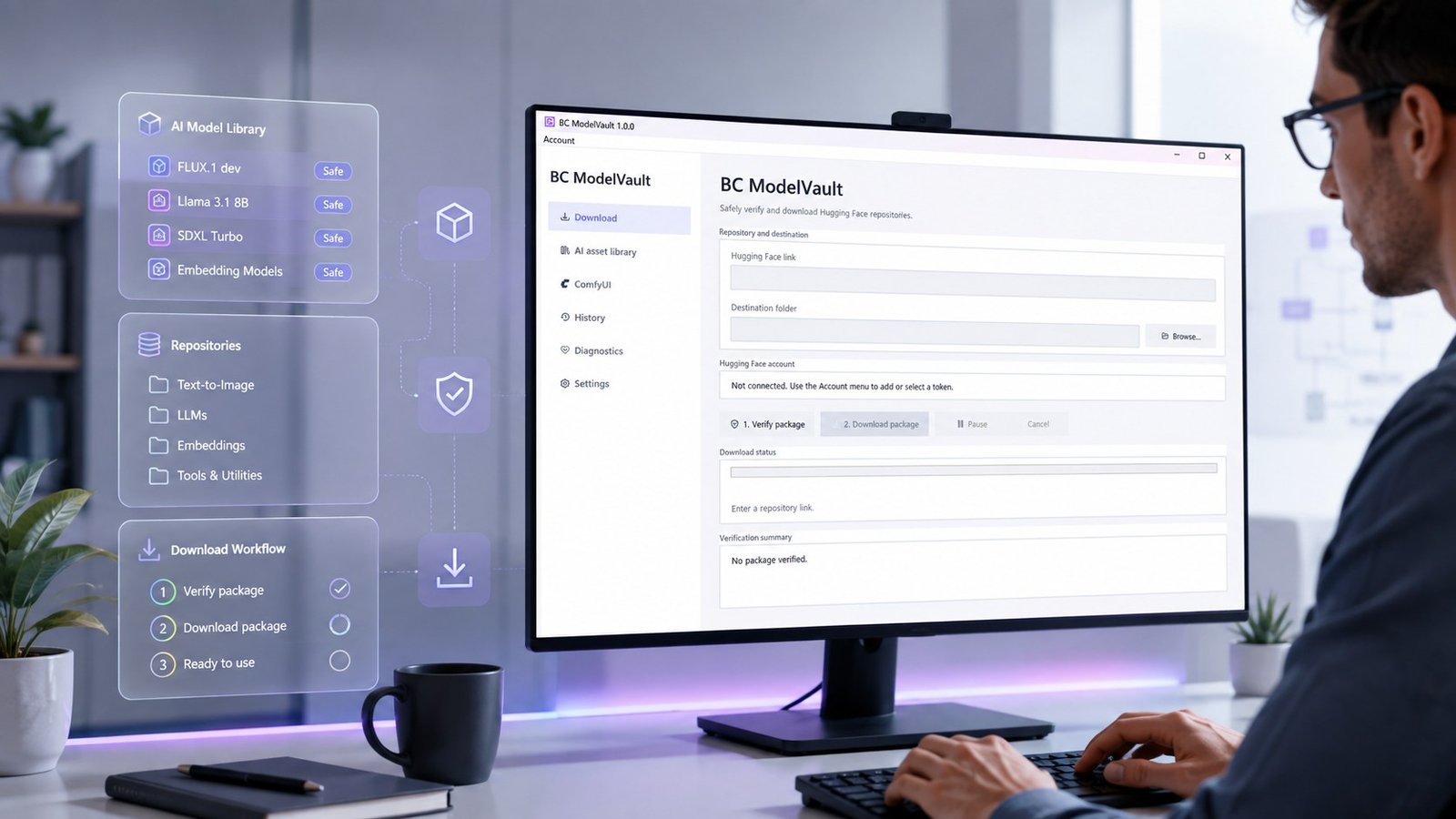 BC ModelVault in esecuzione su Windows con libreria di modelli AI